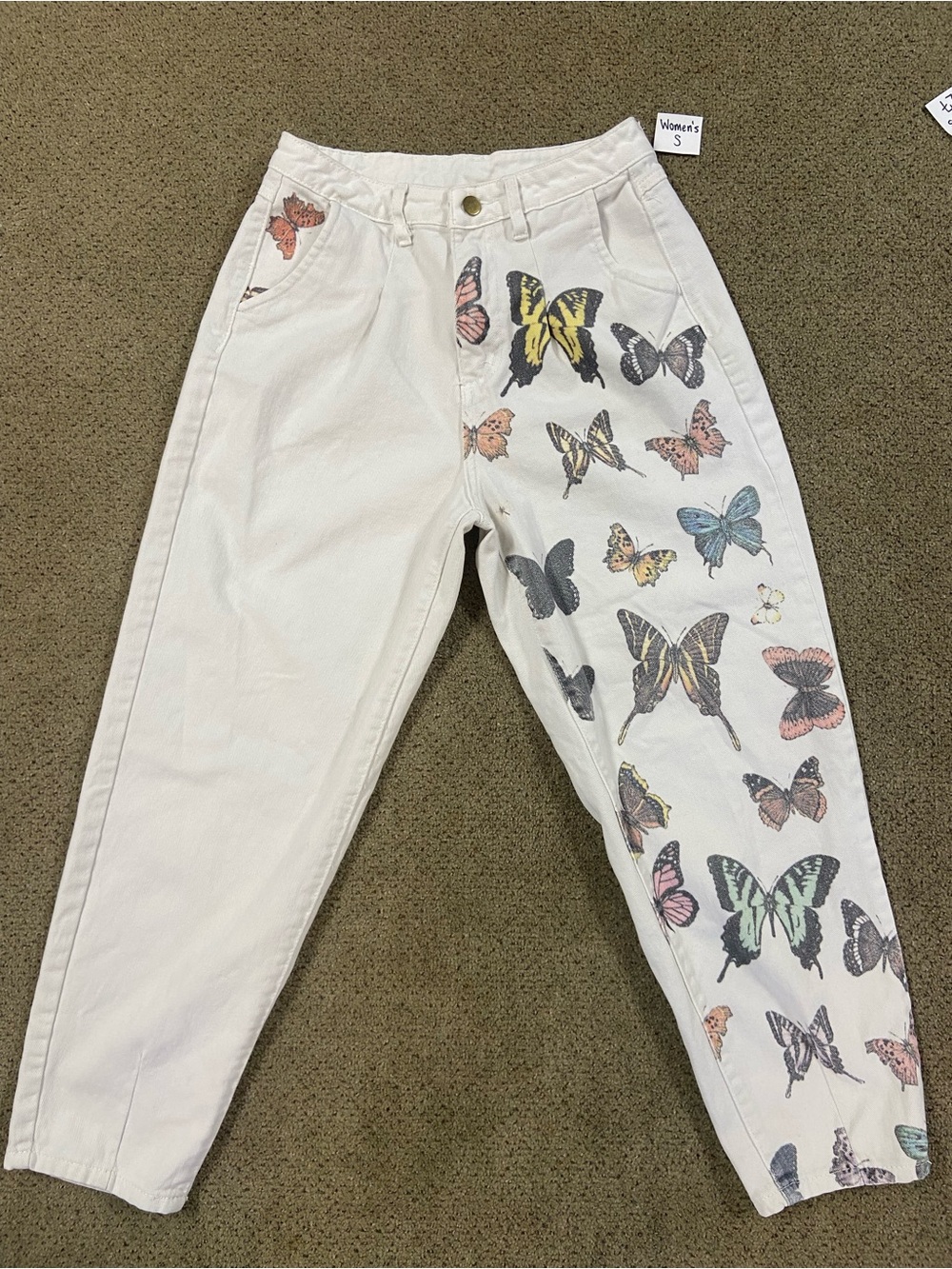 SHEIN White High-Rise Jeans with Multicolor Butterfly Print